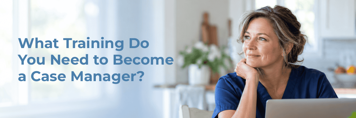 "Nurse at her kitchen table with a laptop, thinking about case manager training and a move into case management"
